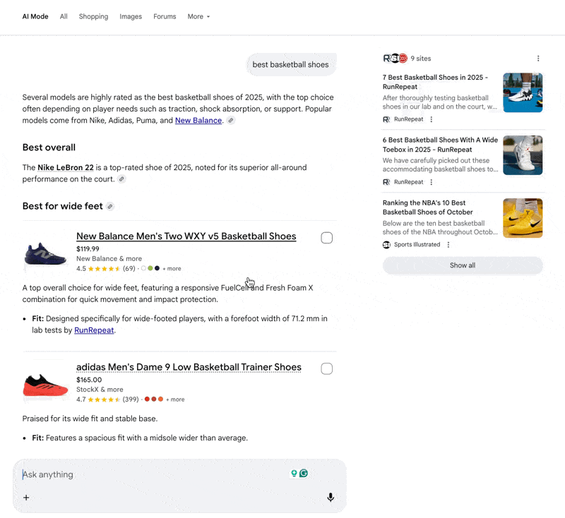 AI Mode product comparison