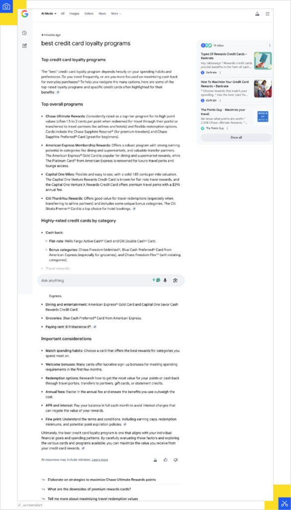 Credit card AI Mode results