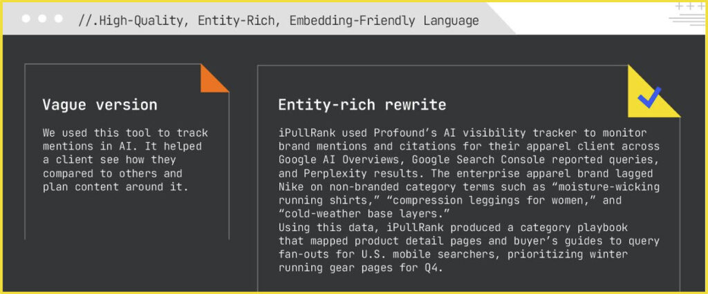 Entity rich, embedding friendly language