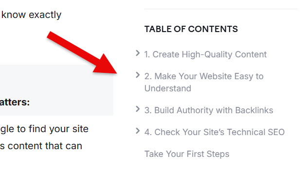 Example of a table of contents in a blog on the Semrush site.