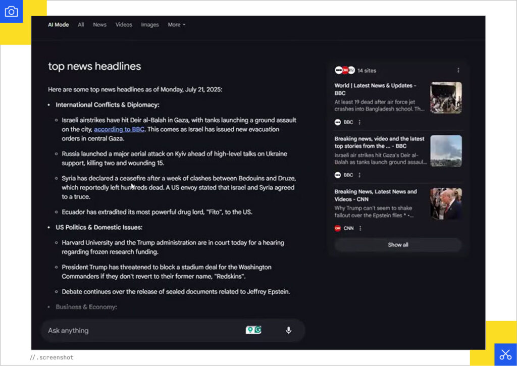 Top news headlines in AI Mode