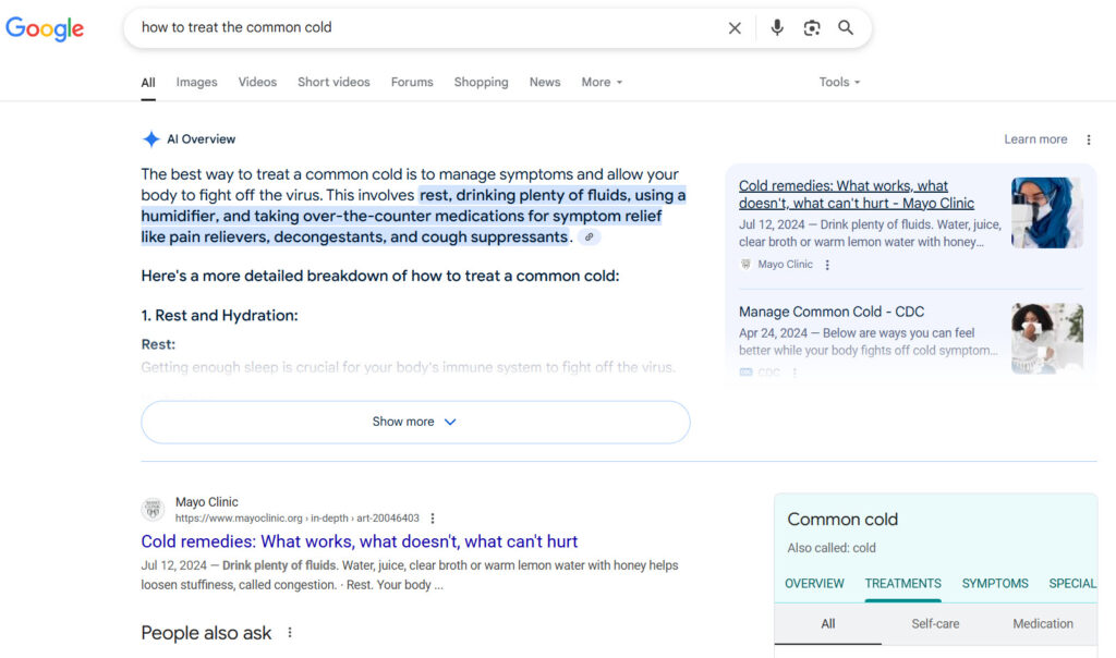 SERP for how to treat the common cold