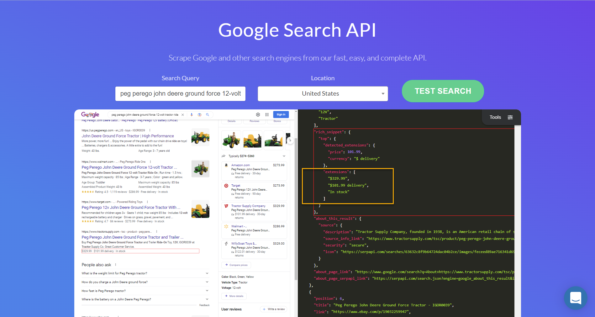 Screenshot of Google Search API from SERPApi that includes shipping information in the markup.