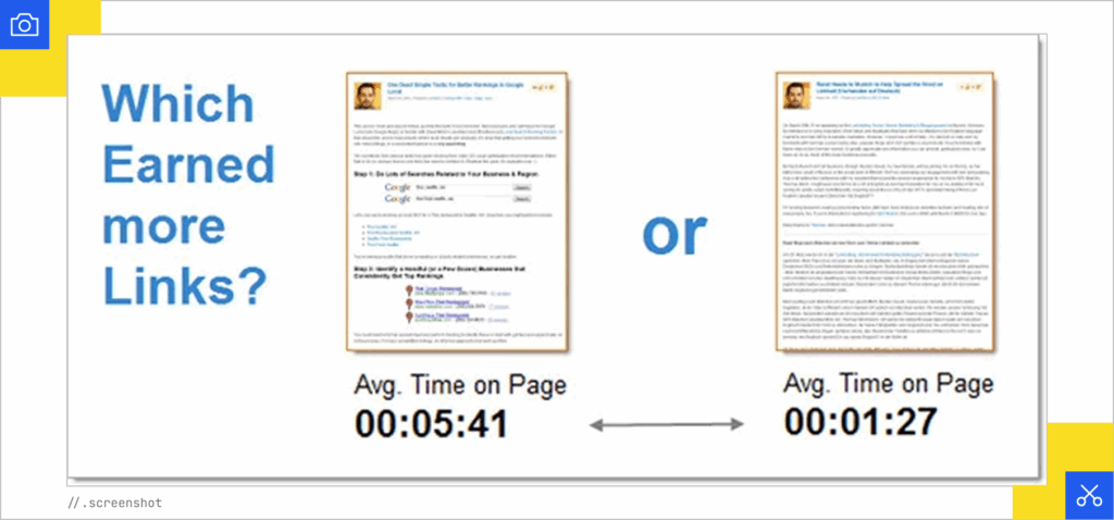 Comparison showing average time on page and earned links between two content formats. Chunked and not chunked